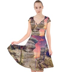 Rocks Landscape Sky Sunset Nature Cap Sleeve Front Wrap Midi Dress