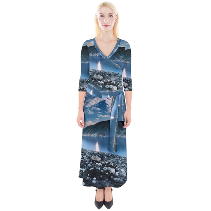 Shore Mountain Water Landscape Quarter Sleeve Wrap Maxi Dress