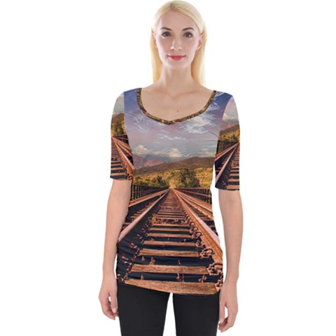 Railway Track Travel Railroad Wide Neckline Tee by Celenk