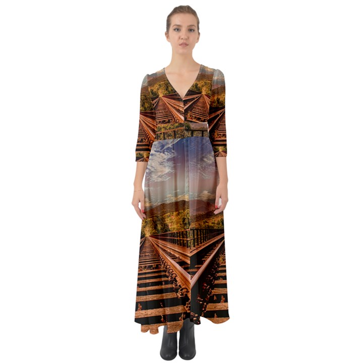 Railway Track Travel Railroad Button Up Boho Maxi Dress