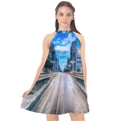 Urban Street Cityscape Modern City Halter Neckline Chiffon Dress  by Celenk