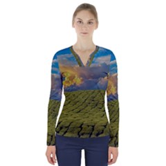 Sunrise Hills Landscape Nature Sky V-neck Long Sleeve Top