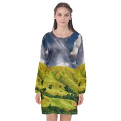 Hill Countryside Landscape Nature Long Sleeve Chiffon Shift Dress  by Celenk