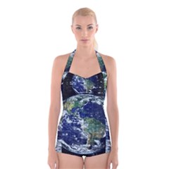 Earth Internet Globalisation Boyleg Halter Swimsuit  by Celenk