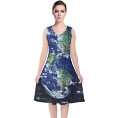 Earth Internet Globalisation V-neck Midi Sleeveless Dress  by Celenk