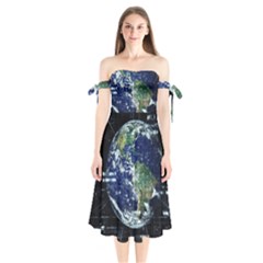 Earth Internet Globalisation Shoulder Tie Bardot Midi Dress by Celenk