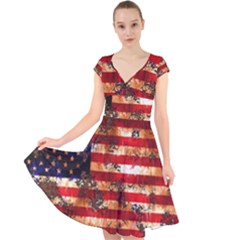 American Flag Usa Symbol National Cap Sleeve Front Wrap Midi Dress