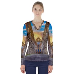 Abbey Ruin Architecture Medieval V-neck Long Sleeve Top by Celenk