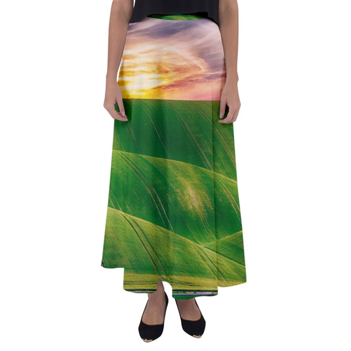 Hills Countryside Sky Rural Flared Maxi Skirt