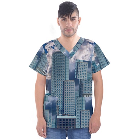 Tower Blocks Skyscraper City Modern Men s V-neck Scrub Top by Celenk