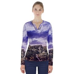 Mountain Snow Landscape Winter V-neck Long Sleeve Top by Celenk