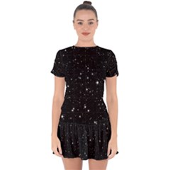 Black Background Texture Stars Drop Hem Mini Chiffon Dress by Celenk