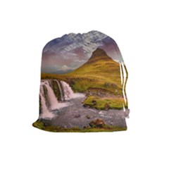 Nature Mountains Cliff Waterfall Drawstring Pouches (Large) 