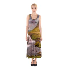 Nature Mountains Cliff Waterfall Sleeveless Maxi Dress