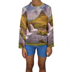 Nature Mountains Cliff Waterfall Kids  Long Sleeve Swimwear