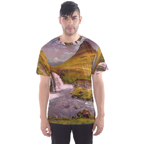 Nature Mountains Cliff Waterfall Men s Sports Mesh Tee by Celenk