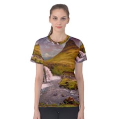 Nature Mountains Cliff Waterfall Women s Cotton Tee