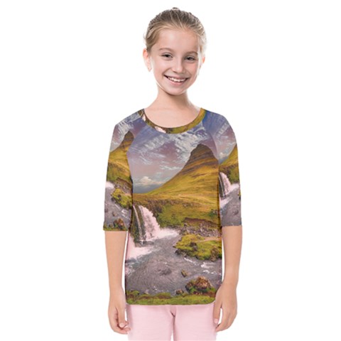 Nature Mountains Cliff Waterfall Kids  Quarter Sleeve Raglan Tee by Celenk