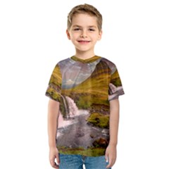 Nature Mountains Cliff Waterfall Kids  Sport Mesh Tee