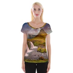 Nature Mountains Cliff Waterfall Cap Sleeve Tops