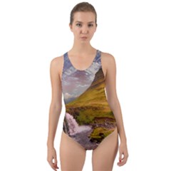 Nature Mountains Cliff Waterfall Cut-Out Back One Piece Swimsuit