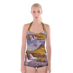 Nature Mountains Cliff Waterfall Boyleg Halter Swimsuit 