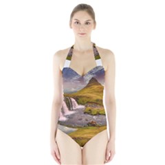 Nature Mountains Cliff Waterfall Halter Swimsuit