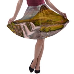 Nature Mountains Cliff Waterfall A-line Skater Skirt by Celenk