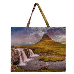 Nature Mountains Cliff Waterfall Zipper Large Tote Bag