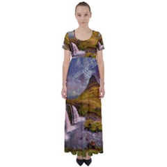 Nature Mountains Cliff Waterfall High Waist Short Sleeve Maxi Dress