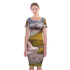 Nature Mountains Cliff Waterfall Classic Short Sleeve Midi Dress by Celenk