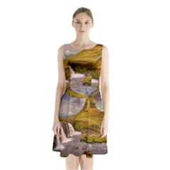 Nature Mountains Cliff Waterfall Sleeveless Waist Tie Chiffon Dress