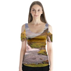 Nature Mountains Cliff Waterfall Butterfly Sleeve Cutout Tee 