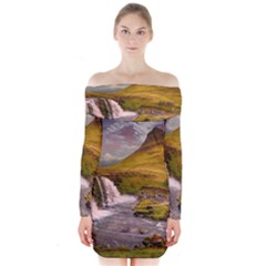 Nature Mountains Cliff Waterfall Long Sleeve Off Shoulder Dress