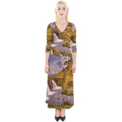 Nature Mountains Cliff Waterfall Quarter Sleeve Wrap Maxi Dress