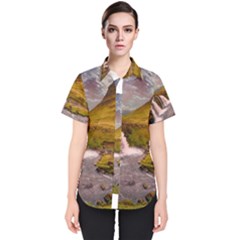 Nature Mountains Cliff Waterfall Women s Short Sleeve Shirt