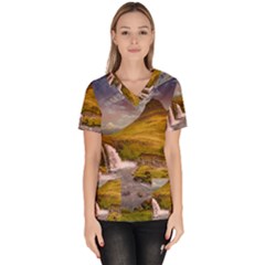 Nature Mountains Cliff Waterfall Scrub Top by Celenk