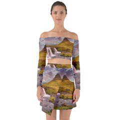 Nature Mountains Cliff Waterfall Off Shoulder Top with Skirt Set