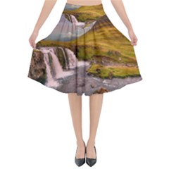 Nature Mountains Cliff Waterfall Flared Midi Skirt by Celenk