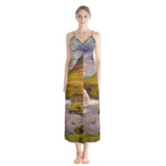 Nature Mountains Cliff Waterfall Button Up Chiffon Maxi Dress