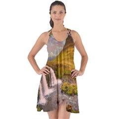 Nature Mountains Cliff Waterfall Show Some Back Chiffon Dress