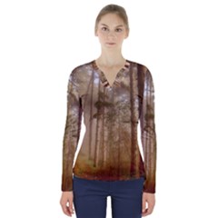 Forest Trees Wood Branc V-neck Long Sleeve Top by Celenk