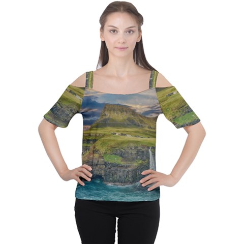 Coastline Waterfall Landscape Cutout Shoulder Tee by Celenk