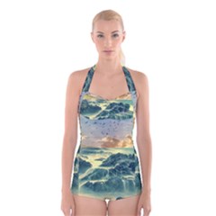 Coastline Sea Nature Sky Landscape Boyleg Halter Swimsuit  by Celenk