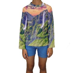 Waterfall Landscape Nature Scenic Kids  Long Sleeve Swimwear by Celenk