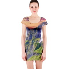 Waterfall Landscape Nature Scenic Short Sleeve Bodycon Dress by Celenk