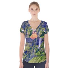 Waterfall Landscape Nature Scenic Short Sleeve Front Detail Top by Celenk