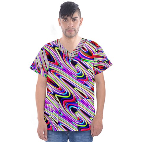 Multi Color Wave Abstract Pattern Men s V-neck Scrub Top by Celenk