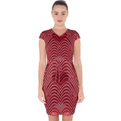 Red Wave Pattern Capsleeve Drawstring Dress 