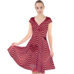 Red Wave Pattern Cap Sleeve Front Wrap Midi Dress